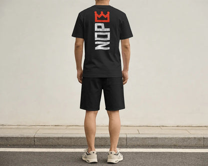 ALPHA INK PRINT CO. black cotton t-shirt with distressed red crown and white "NOPE" graphic on back.