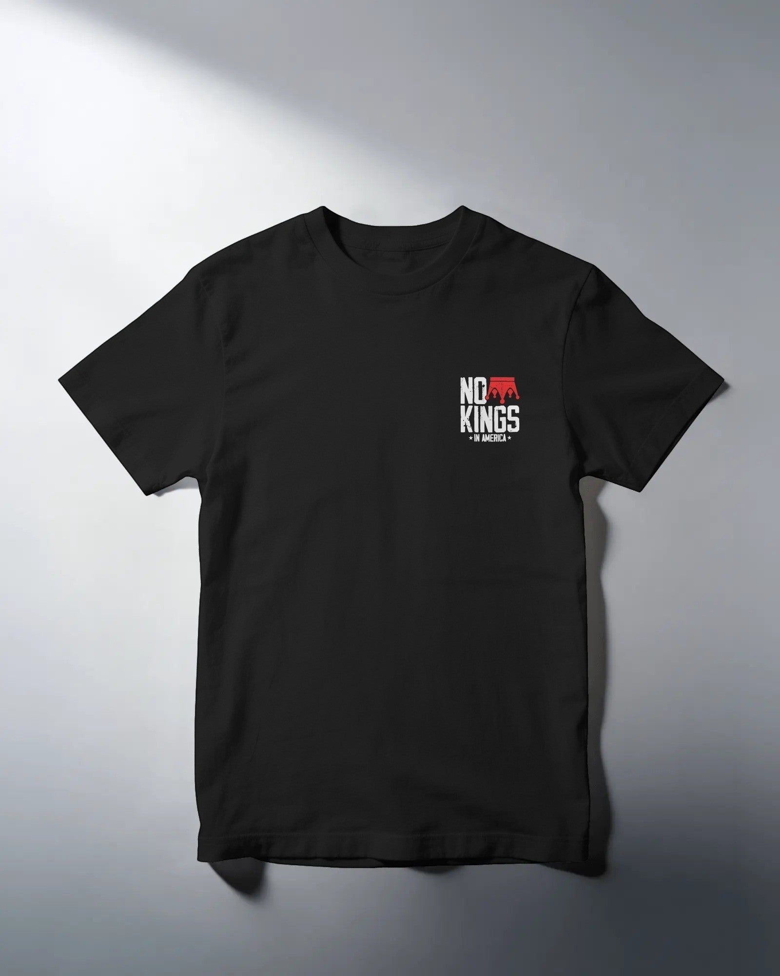 ALPHA INK PRINT CO. black cotton t-shirt with red and white "NO KINGS IN AMERICA" graphic on chest.